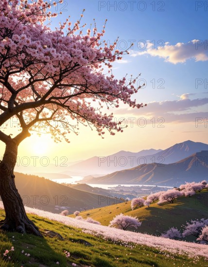 Landscape with a blooming apricot tree, idilyc spring nature, green grass and mountains in