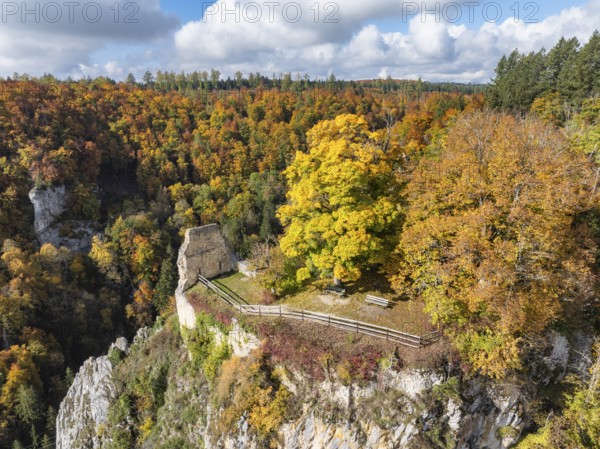 Aerial view of the viewpoint, shovels and Hausen Castle, also known as the Hausen ruins, surrounded