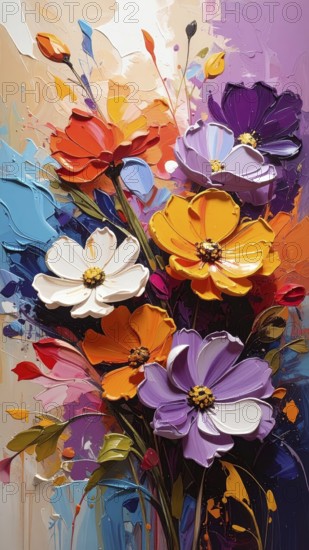 Closeup of abstract rough colorful multicolored organic floral spring flowers art painting texture,