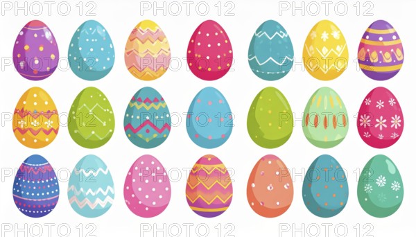 Set of easter eggs flat design on white background, abstract vector wallpaper illustration, banner