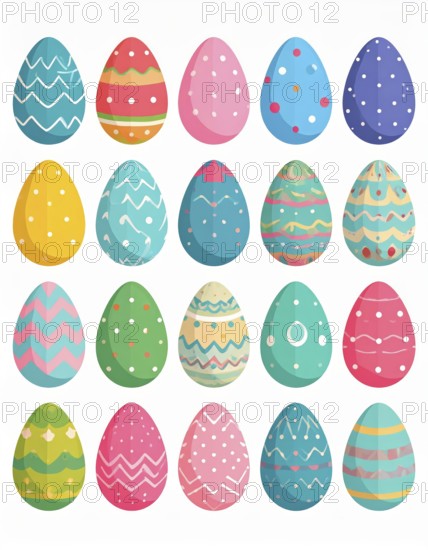 Set of easter eggs flat design on white background, abstract vector wallpaper illustration, banner
