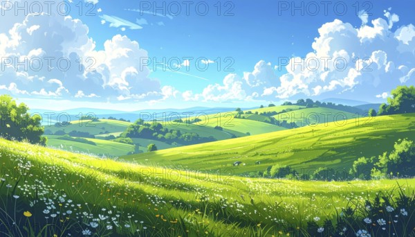 Fresh summer hilly Landscape with blooming Meadow, green plants, Blue Sky with cloudy sky, serene
