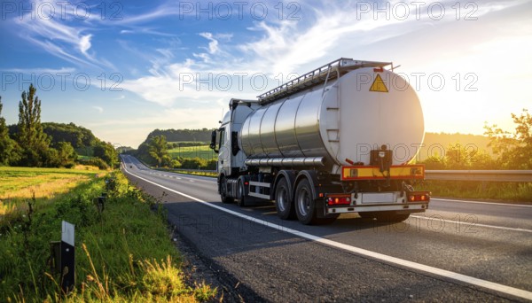 Petrol cargo truck lorry tanker driving on highway hauling oil products at sunrise, wide hilly