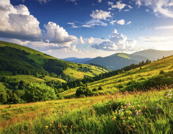 Fresh summer hilly Landscape with blooming Meadow, green plants, Blue Sky with cloudy sky, serene