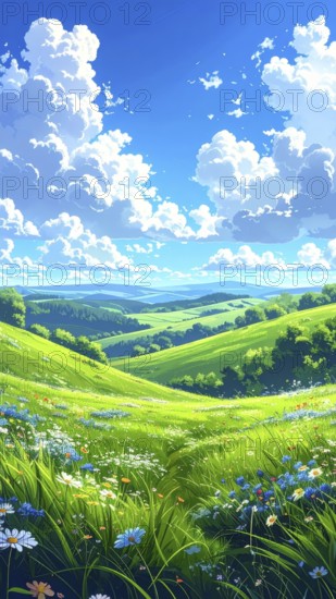 Fresh summer hilly Landscape with blooming Meadow, green plants, Blue Sky with cloudy sky, serene