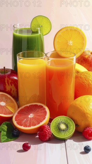 Fresh fruit juices in glasses, surrounded by colorful fruits, showcasing healthy drinking and