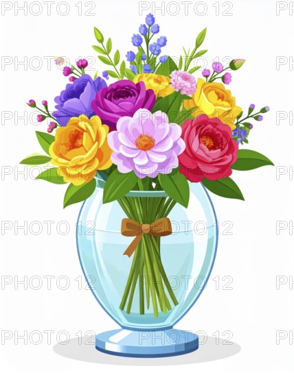 Crystal glass vase with vibrant blooming flowers, vibrant vector drawing illustration for fresh