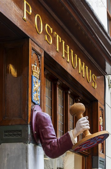 The Posthumus Shop, stationery boutique, shop façade with decorative stamp motifs, St. Luciensteeg,