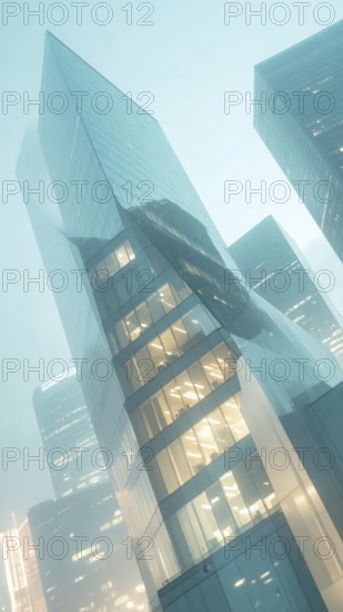 Modern building reflecting sunset light at dusk. Abstract Futuristic Business Background, AI