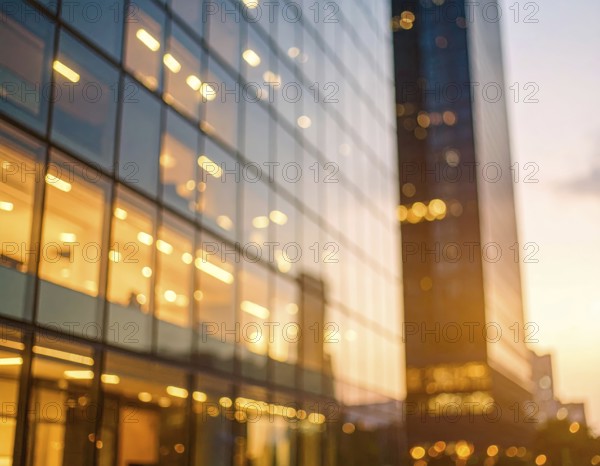 Modern building reflecting sunset light at dusk. Abstract Futuristic Business Background, AI