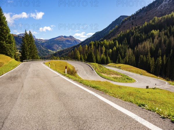 Pass road with many hairpin curves, Dolomite Road, Passo Pordoi, Dolomites, Alps, Belluno province,