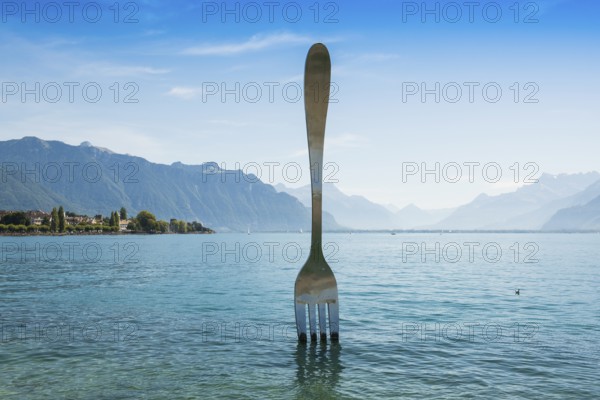 La Fourchette, the fork, sculpture by Jean-Pierre Zaugg, Vevey, Lake Geneva, Lac Léman, Canton of