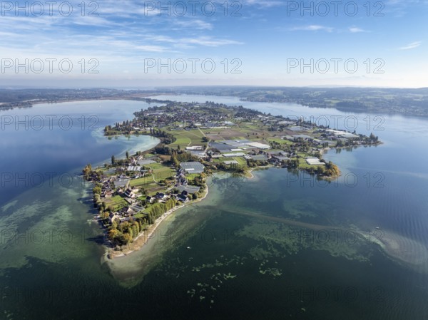 Aerial view of the north-western tip of the island of Reichenau in Lake Constance, with the