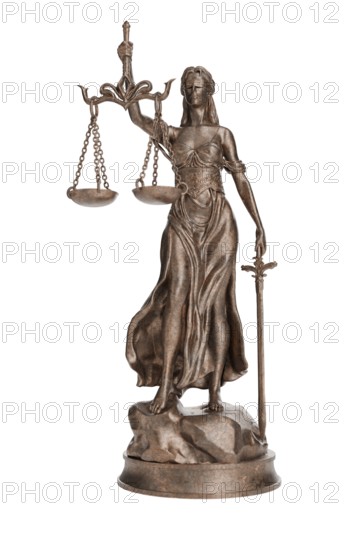 Bronze lady of justice statue isolated on a white background