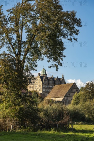 View of Hämelschenburg Castle, a moated castle and major work of the Weser Renaissance, near
