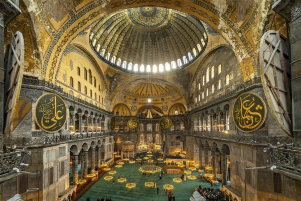 Interior of today's Hagia Sophia mosque or Church of St Sophia, former Byzantine church and museum