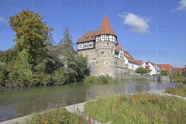 Zollern Castle built around 1255 with water tower on the Eybach stream, half-timbered house,