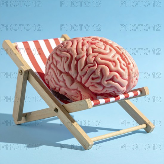 Brain relaxes on a sunbed under the summer sun, placed on a flat surface, symbol for mental health,