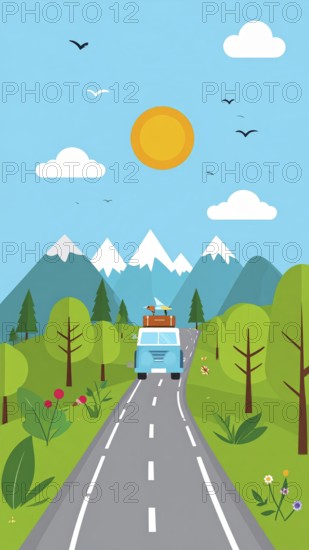 Traveling and hiking in mountain landscape, abstract vector illustration, AI generated image