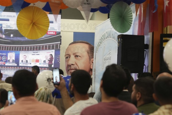 Gaziantep, Türkiye – May 28, 2023. Members of the ruling Justice and Development Party (AKP) follow
