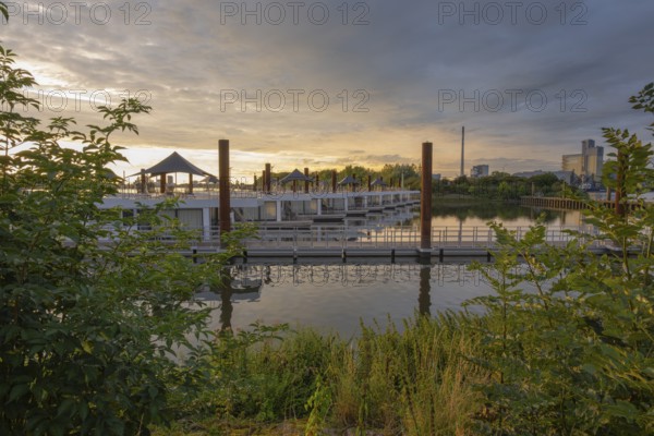 View of house messengers at Lankenauer Höft at Neustadt harbour in the evening light, Weser,