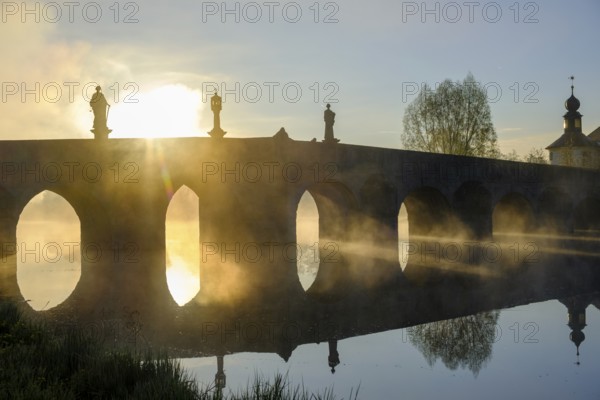 Morning atmosphere, fog at Fischhof, with historic Fischhof bridge, Tirschenreuth, Upper