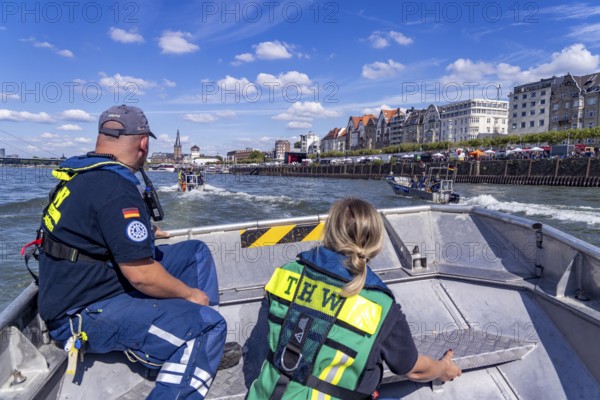 THW multi-purpose boats during a training trip on the Rhine, near Düsseldorf, of the Water Hazards