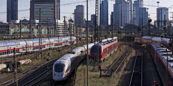 Elevated city view with many trains, railway station and skyscrapers, Frankfurt am Main, Hesse,