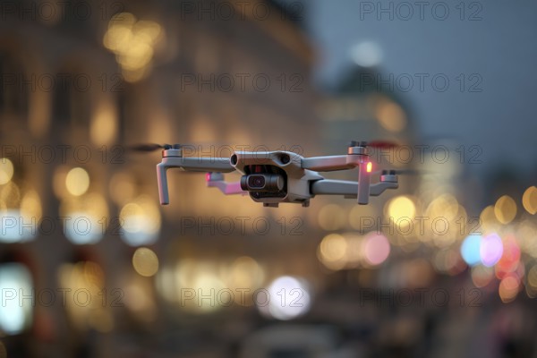Ein Fernpilot steuert sein Quadrocopter, Drohne illegal über dichtbesiedeltes Stadtgebiet an einem
