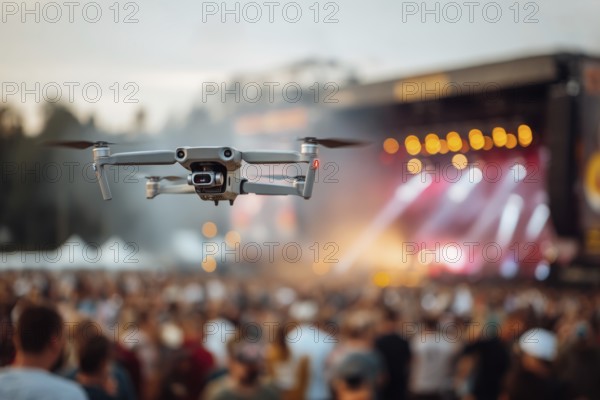 Ein Fernpilot steuert sein Quadrocopter, Drohne illegal über ein Open-Air Musik Konzert mit vielen