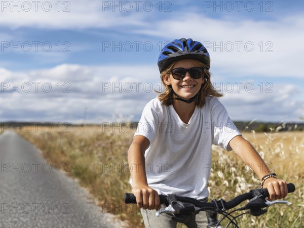 A girl with a bicycle helmet rides a bicycle and smiles friendly into the camera, AI generated, AI