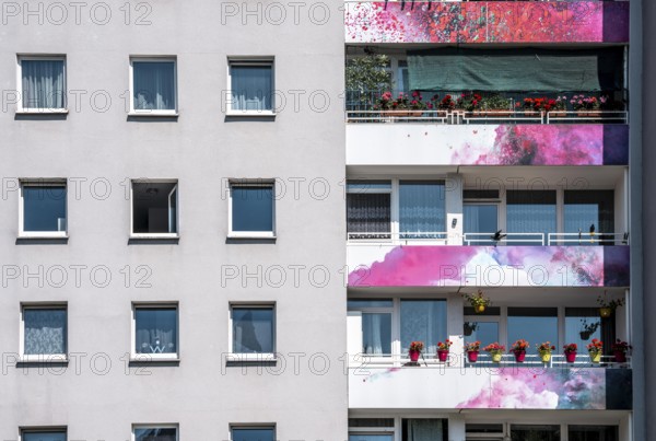 High-rise residential building, in Essen-Steele, with colourfully designed façade, balcony