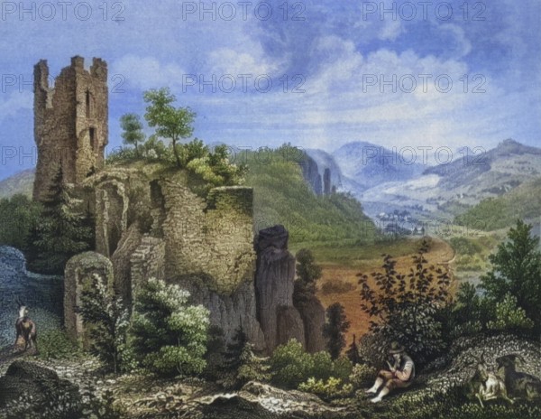 Neideck castle ruins around 1850, former high medieval aristocratic castle above the village of