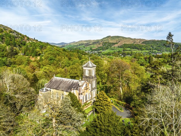 Holy Trinity Church from a drone, Bog Lane, Brathay village, Lake District, Cumbria, England,
