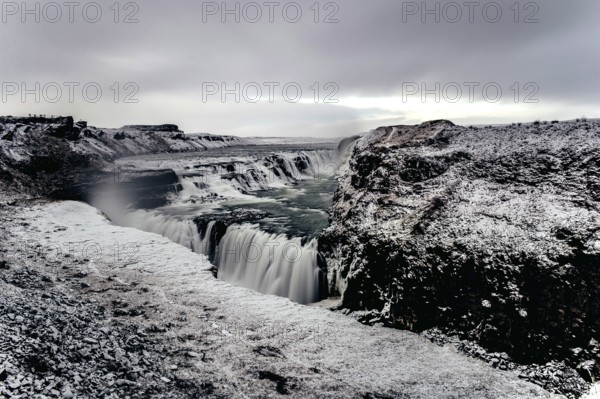 Gulfoss Waterfall in southern iceland, Winter, Golden Circle, Mountains, River, Snow, Iceland,