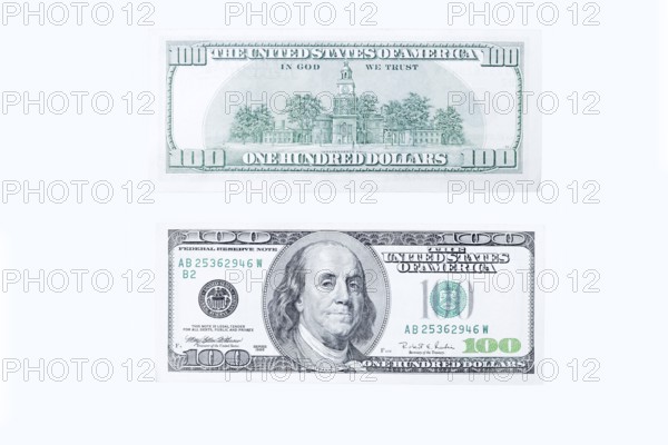 100 US dollar note, 100 dollar banknotes on white background