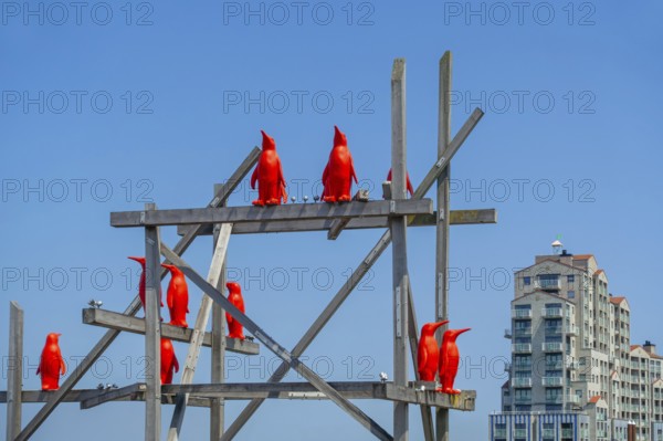 Rode Pinguins, Red Penguins, artwork by Belgian artist William Sweetlove in the harbour of Breskens
