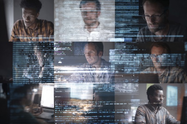 Collage of coders doing coding on transparent board. Concept of artificial AI programming and