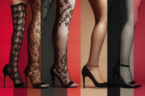 Collage of beautiful women legs in fishnets and high heels, AI generated