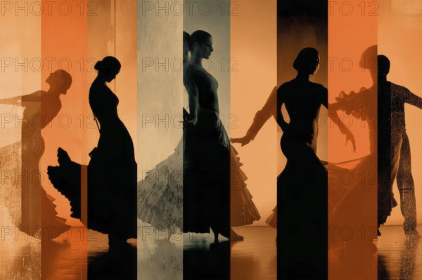 Collage of flamenco dancers. Passionate spanish music, AI generated