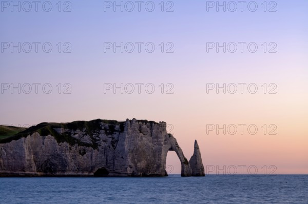 Rock arch Falaise or Porte d'Aval and rock needle Aiguille, Étretat, sea, steep coast, cliffs,