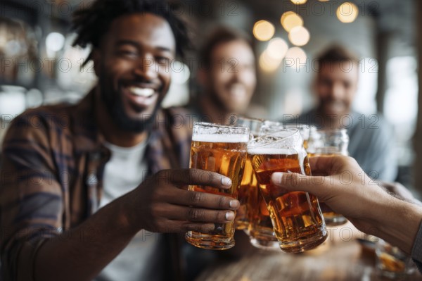 Cheerful man and his friends toast with beer while gathering in bar for the celebration event, AI