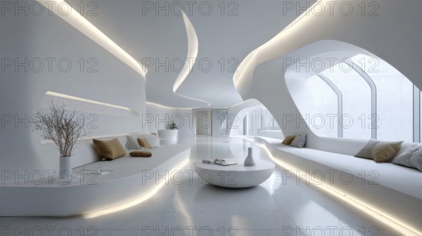 Bright futuristic living room with curved built-in sofa, oval windows create a glowing ambiance.