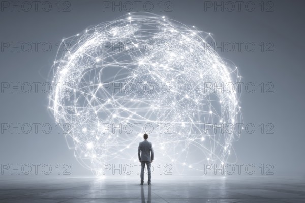 Businessman standing in front of the illuminated globe that shows light interconnections over the