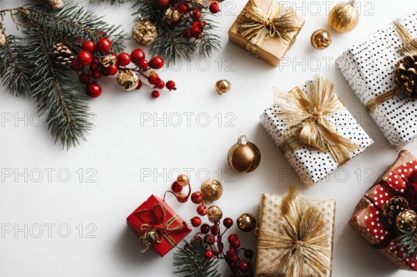 Christmas and New Year holiday background. Xmas greeting card and gifts on white background top