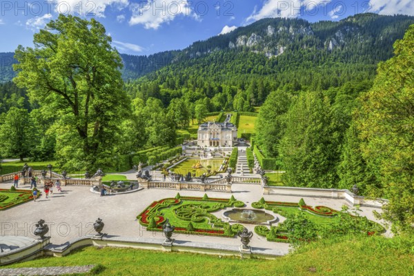 Baroque gardens at the Temple of Venus with a view of the water parterre and Linderhof Palace,