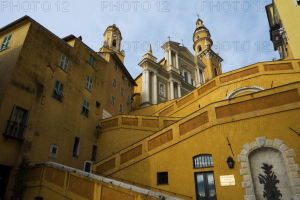 Town with colourful houses by the sea, sunrise, Menton, Alpes Maritimes, Provence Alpes Cote