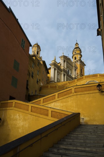 Town with colourful houses by the sea, sunrise, Menton, Alpes Maritimes, Provence Alpes Cote