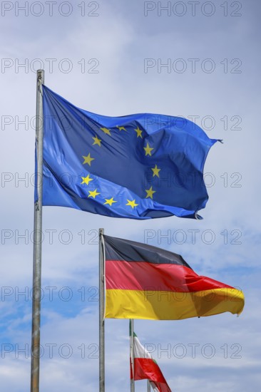 Düsseldorf, North Rhine-Westphalia, Germany - European flag, German flag and North Rhine-Westphalia