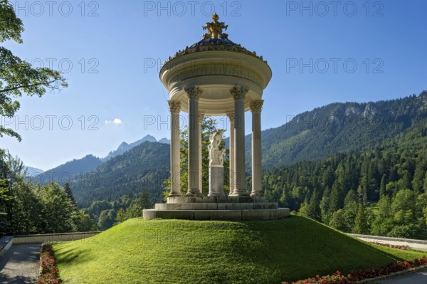 Statue of Venus with Cupid in the Temple of Venus above the terraced gardens, blue sky, park of